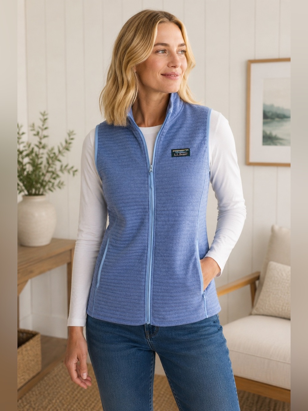 L.L.Bean Quilted Fleece Vest Blue Full Zip Women’s M Regular Lightweight